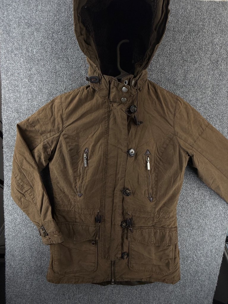 Barbour Vintage Troop Fleece Lined Waxed Jacket Brown Button Zip Women 6 Us